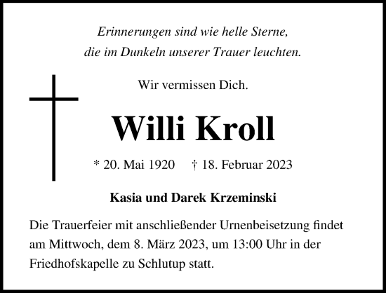 Traueranzeige von Willi Kroll von Lübecker Nachrichten