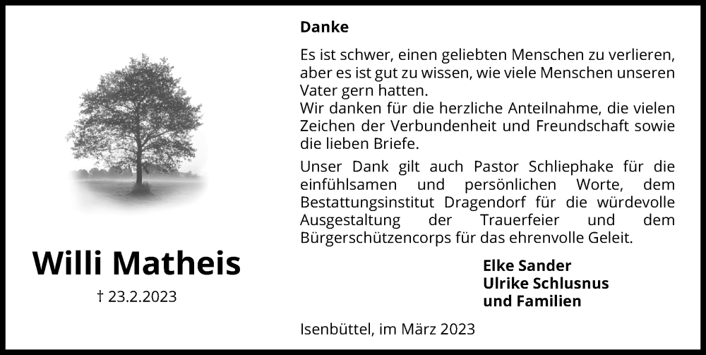  Traueranzeige für Willi Matheis vom 25.03.2023 aus Aller Zeitung