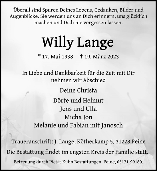 Traueranzeige von Willy Lange von Peiner Allgemeine Zeitung