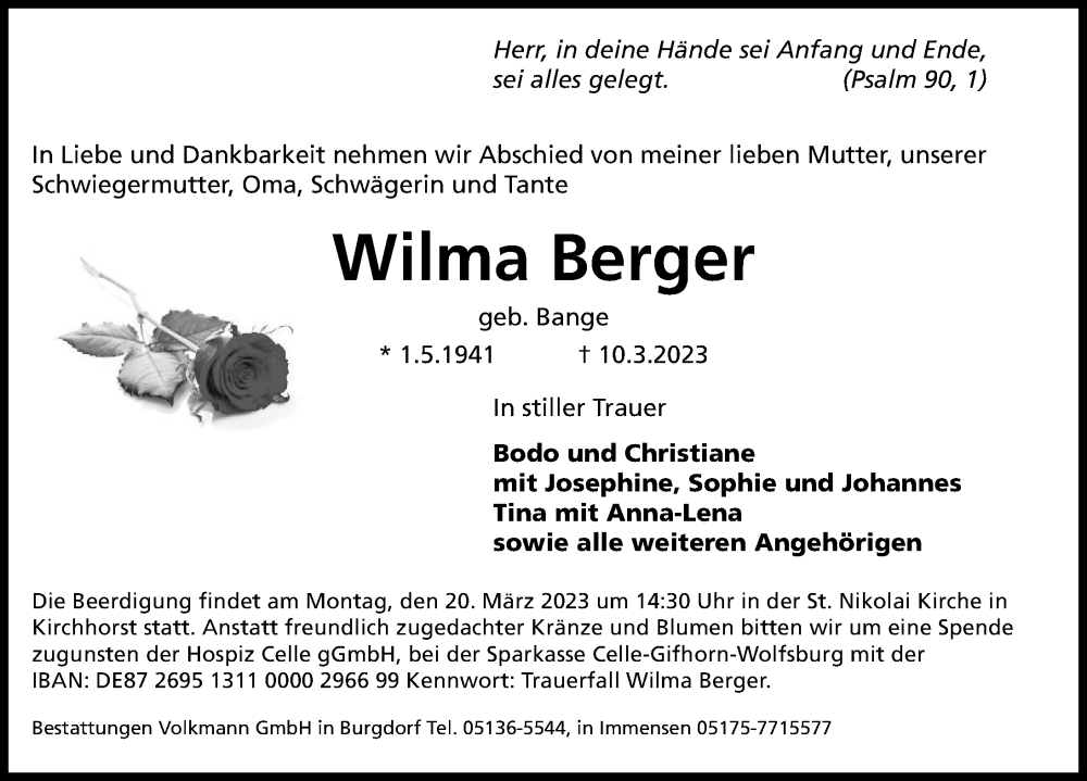  Traueranzeige für Wilma Berger vom 18.03.2023 aus Hannoversche Allgemeine Zeitung/Neue Presse