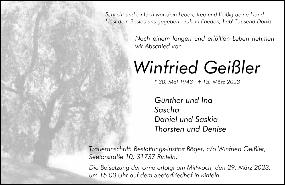  Traueranzeige für Winfried Geißler vom 18.03.2023 aus Schaumburger Nachrichten