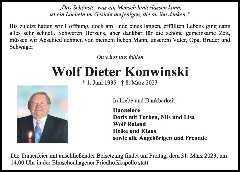  Traueranzeige für Wolf Dieter Konwinski vom 25.03.2023 aus Kieler Nachrichten