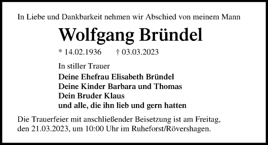 Traueranzeige von Wolfgang Bründel von Ostsee-Zeitung GmbH