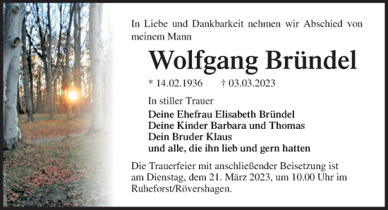 Traueranzeige von Wolfgang Bründel von Ostsee-Zeitung GmbH