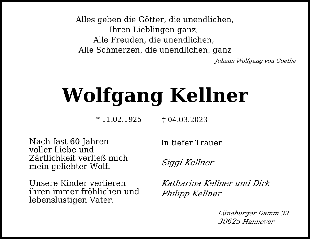  Traueranzeige für Wolfgang Kellner vom 11.03.2023 aus Hannoversche Allgemeine Zeitung/Neue Presse
