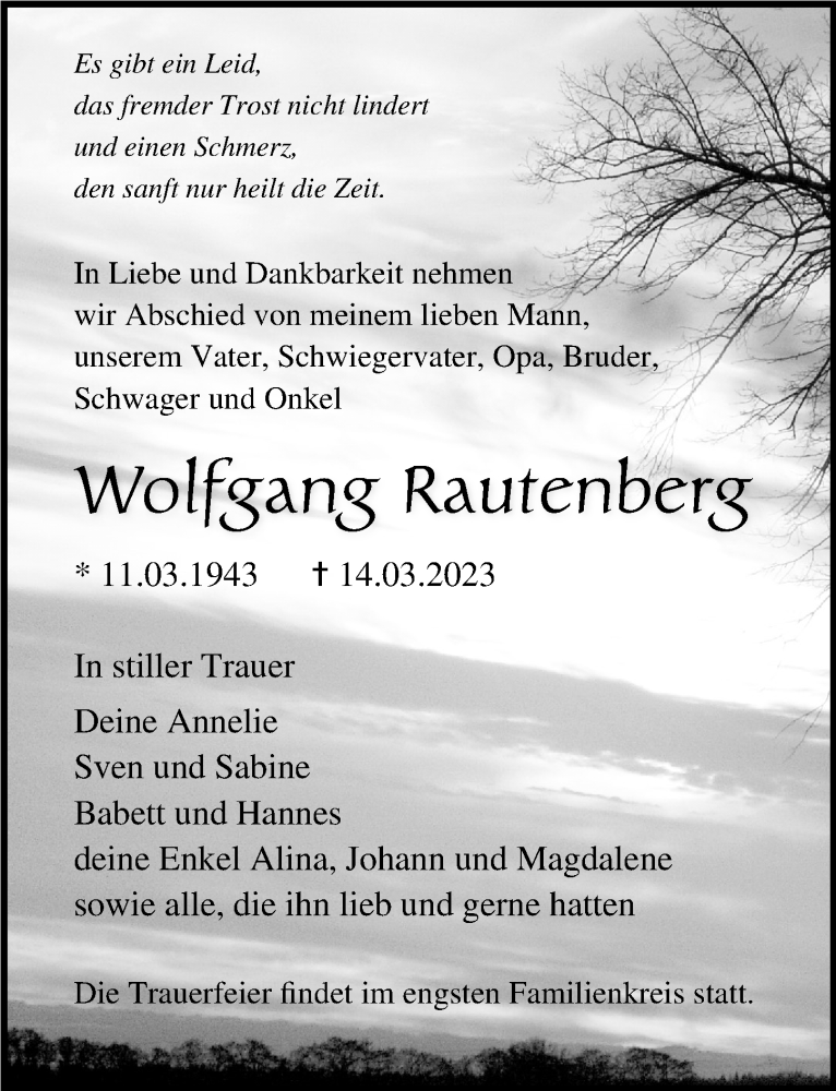  Traueranzeige für Wolfgang Rautenberg vom 18.03.2023 aus Ostsee-Zeitung GmbH