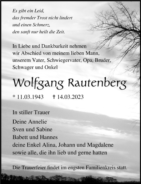 Traueranzeige von Wolfgang Rautenberg von Ostsee-Zeitung GmbH