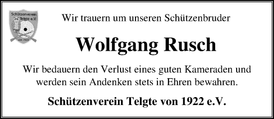 Traueranzeige von Wolfgang Rusch von Peiner Allgemeine Zeitung