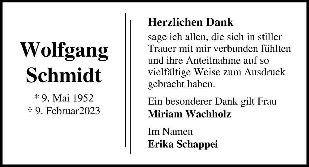  Traueranzeige für Wolfgang Schmidt vom 19.03.2023 aus Lübecker Nachrichten