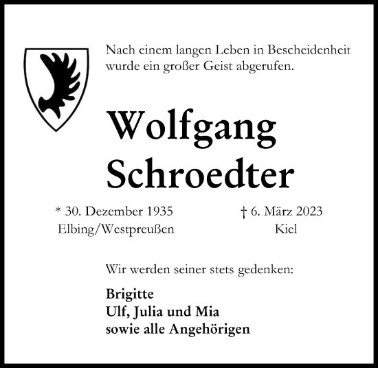 Traueranzeige von Wolfgang Schroedter von Kieler Nachrichten