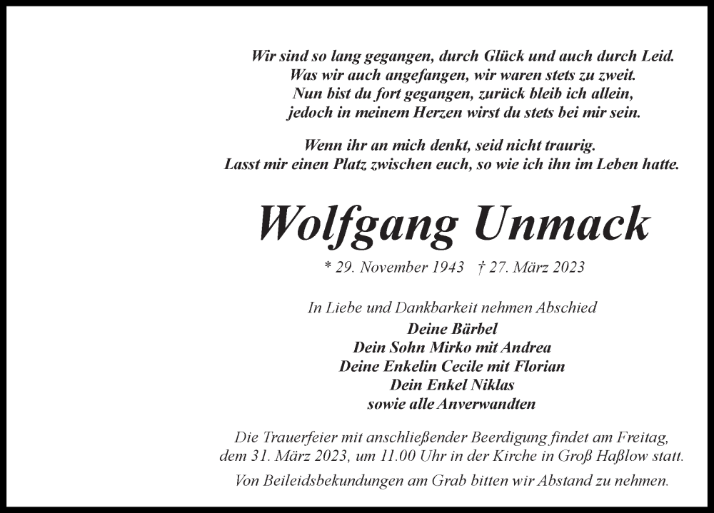  Traueranzeige für Wolfgang Unmack vom 29.03.2023 aus Märkischen Allgemeine Zeitung