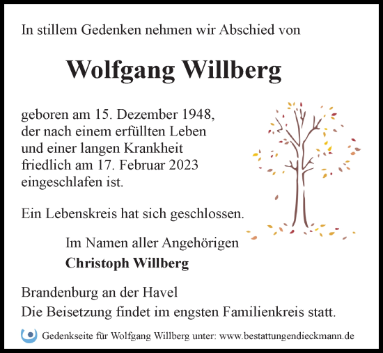 Traueranzeige von Wolfgang Willberg von Märkischen Allgemeine Zeitung