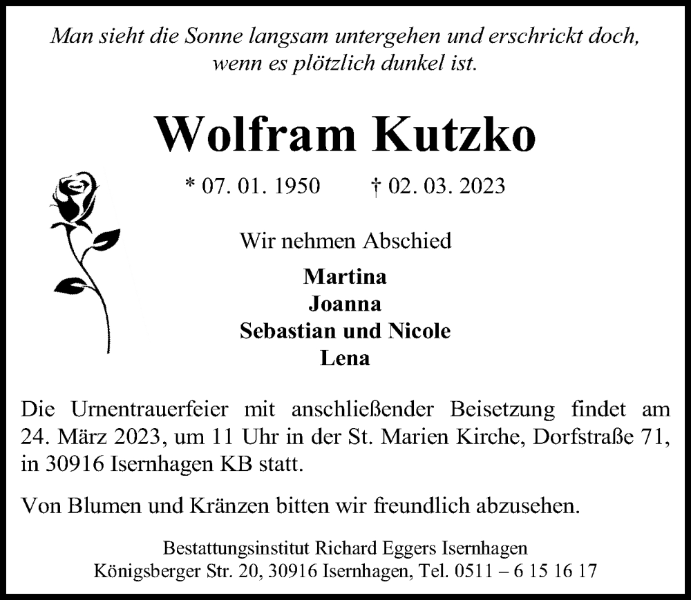  Traueranzeige für Wolfram Kutzko vom 18.03.2023 aus Hannoversche Allgemeine Zeitung/Neue Presse