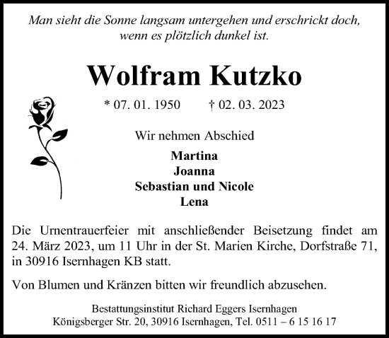 Traueranzeige von Wolfram Kutzko von Hannoversche Allgemeine Zeitung/Neue Presse