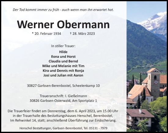 Traueranzeige von Werner Obermann von Hannoversche Allgemeine Zeitung/Neue Presse