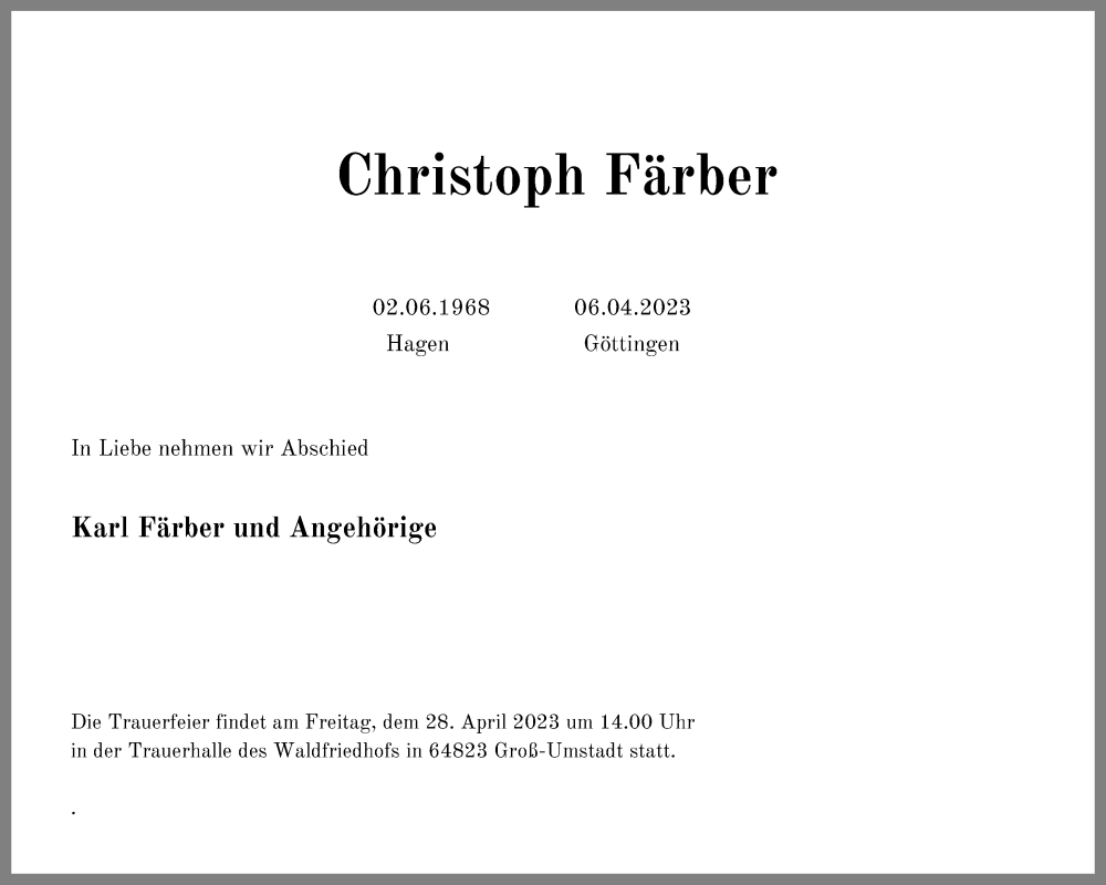  Traueranzeige für Christoph Färber vom 26.04.2023 aus 