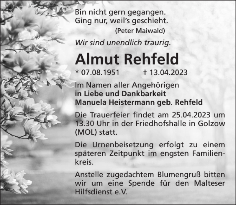  Traueranzeige für Almut Rehfeld vom 22.04.2023 aus Sächsische Zeitung
