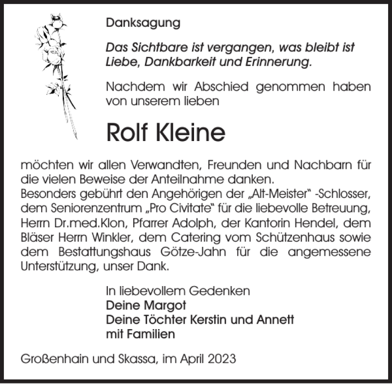  Traueranzeige für Rolf Kleine vom 22.04.2023 aus Sächsische Zeitung
