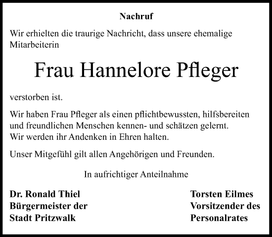 Traueranzeige von Hannelore Gertrud Pfleger von Märkische Allgemeine Zeitung 