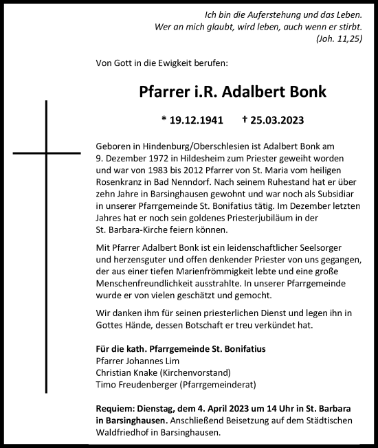 Traueranzeige von Adalbert Bonk von Hannoversche Allgemeine Zeitung/Neue Presse