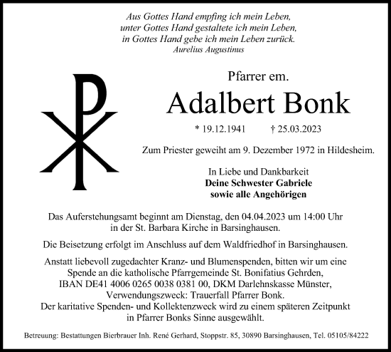 Traueranzeige von Adalbert Bonk von Hannoversche Allgemeine Zeitung/Neue Presse