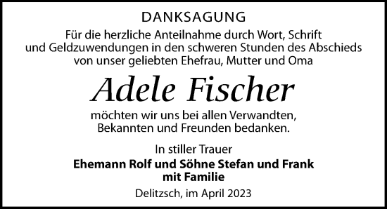 Traueranzeige von Adele Fischer von Leipziger Volkszeitung