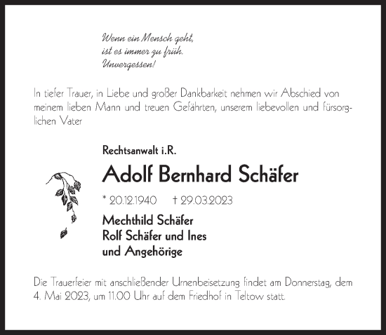 Traueranzeige von Adolf Bernhard Schäfer von Märkischen Allgemeine Zeitung