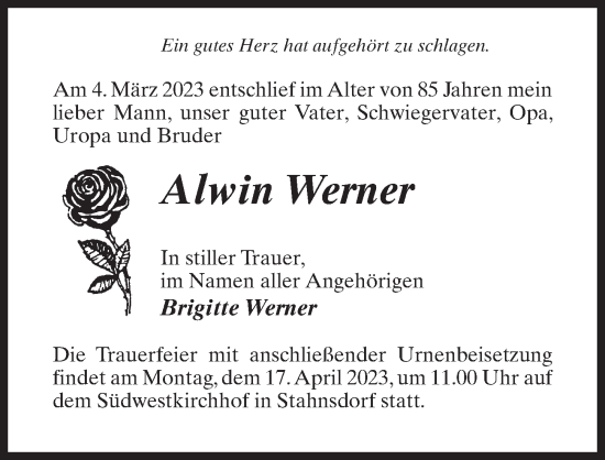 Traueranzeige von Alwin Werner von Märkischen Allgemeine Zeitung