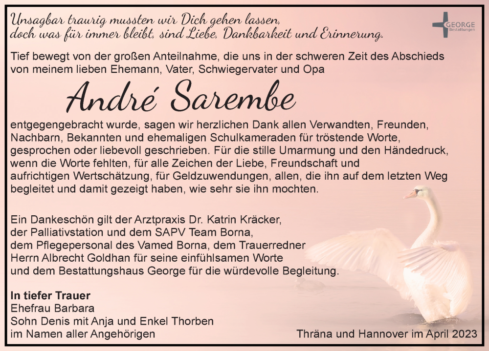  Traueranzeige für Andre Sarembe vom 29.04.2023 aus Leipziger Volkszeitung