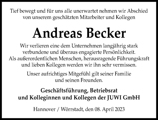 Traueranzeige von Andreas Becker von Hannoversche Allgemeine Zeitung/Neue Presse