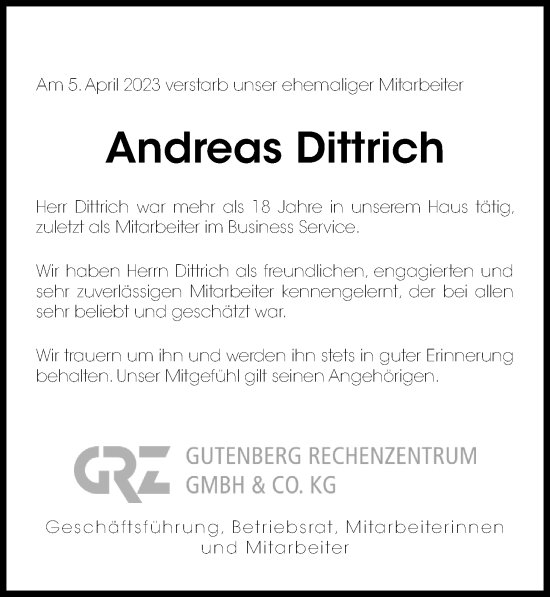 Traueranzeige von Andreas Dittrich von Hannoversche Allgemeine Zeitung/Neue Presse