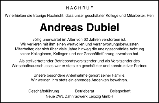 Traueranzeige von Andreas Dubiel von Leipziger Volkszeitung