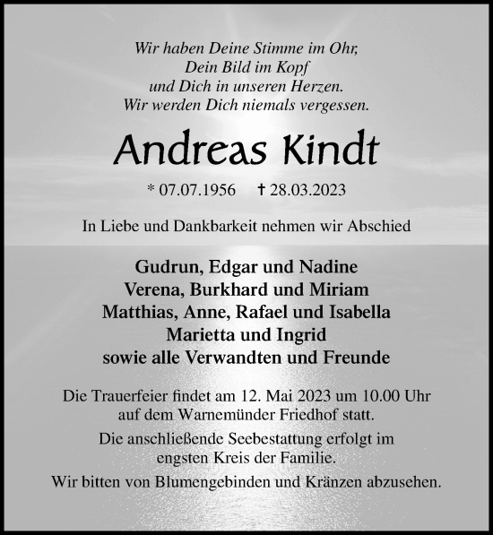 Traueranzeige von Andreas Kindt von Ostsee-Zeitung GmbH
