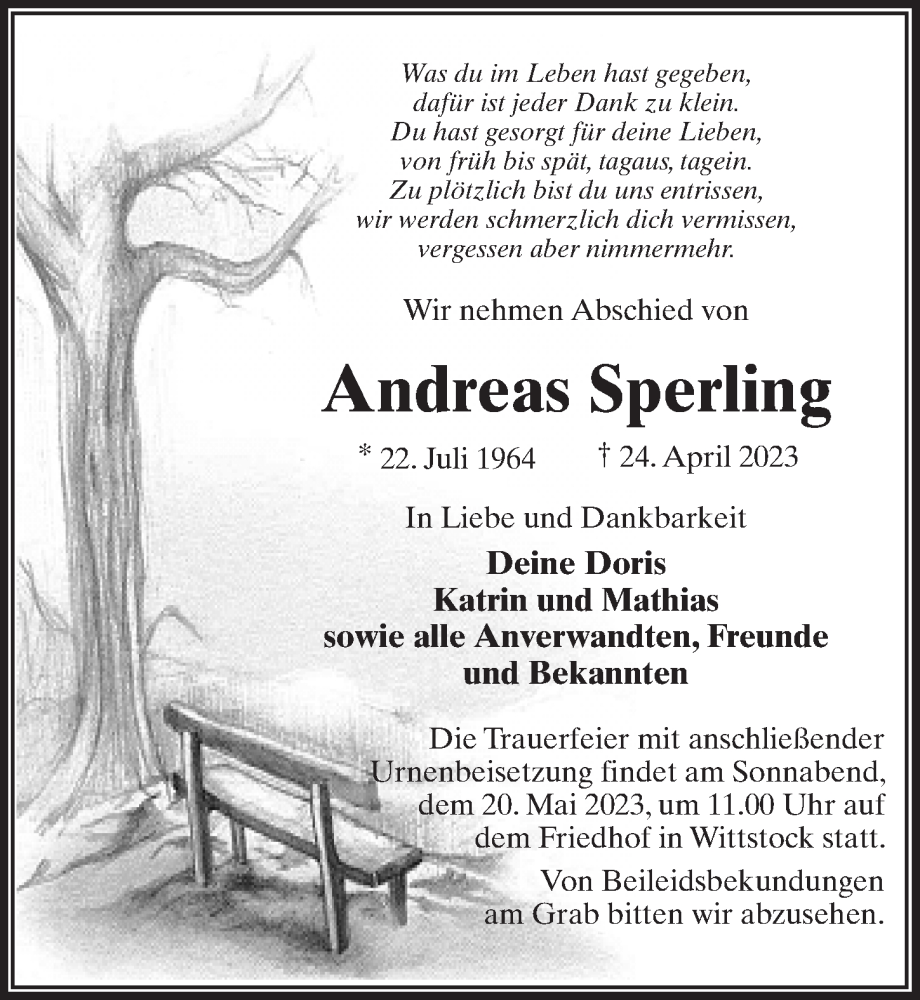 Traueranzeige für Andreas Sperling vom 29.04.2023 aus Märkischen Allgemeine Zeitung