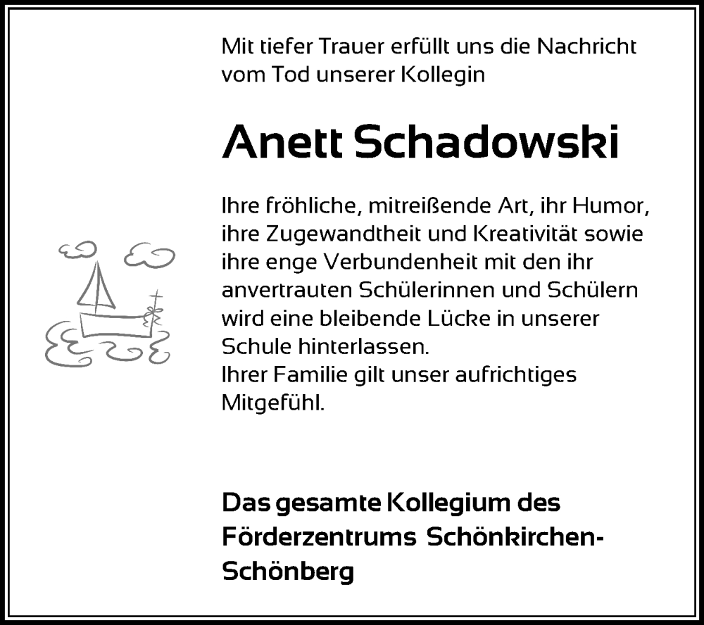  Traueranzeige für Anett Schadowski vom 29.04.2023 aus Kieler Nachrichten