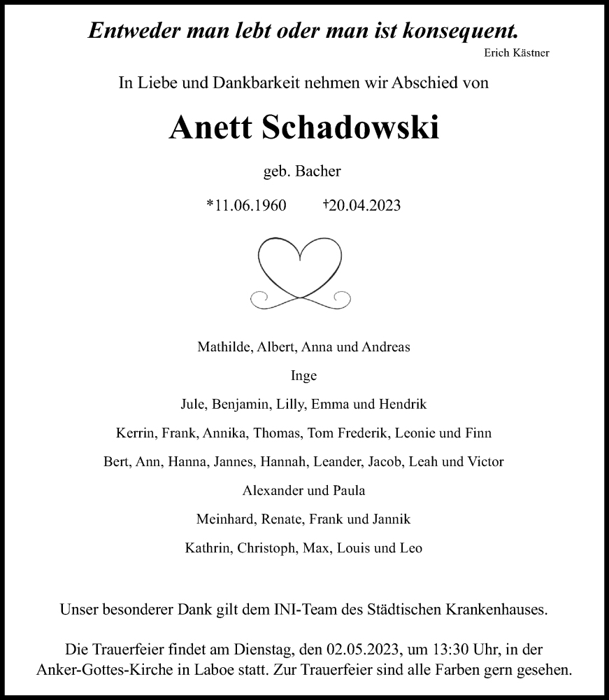  Traueranzeige für Anett Schadowski vom 29.04.2023 aus Kieler Nachrichten