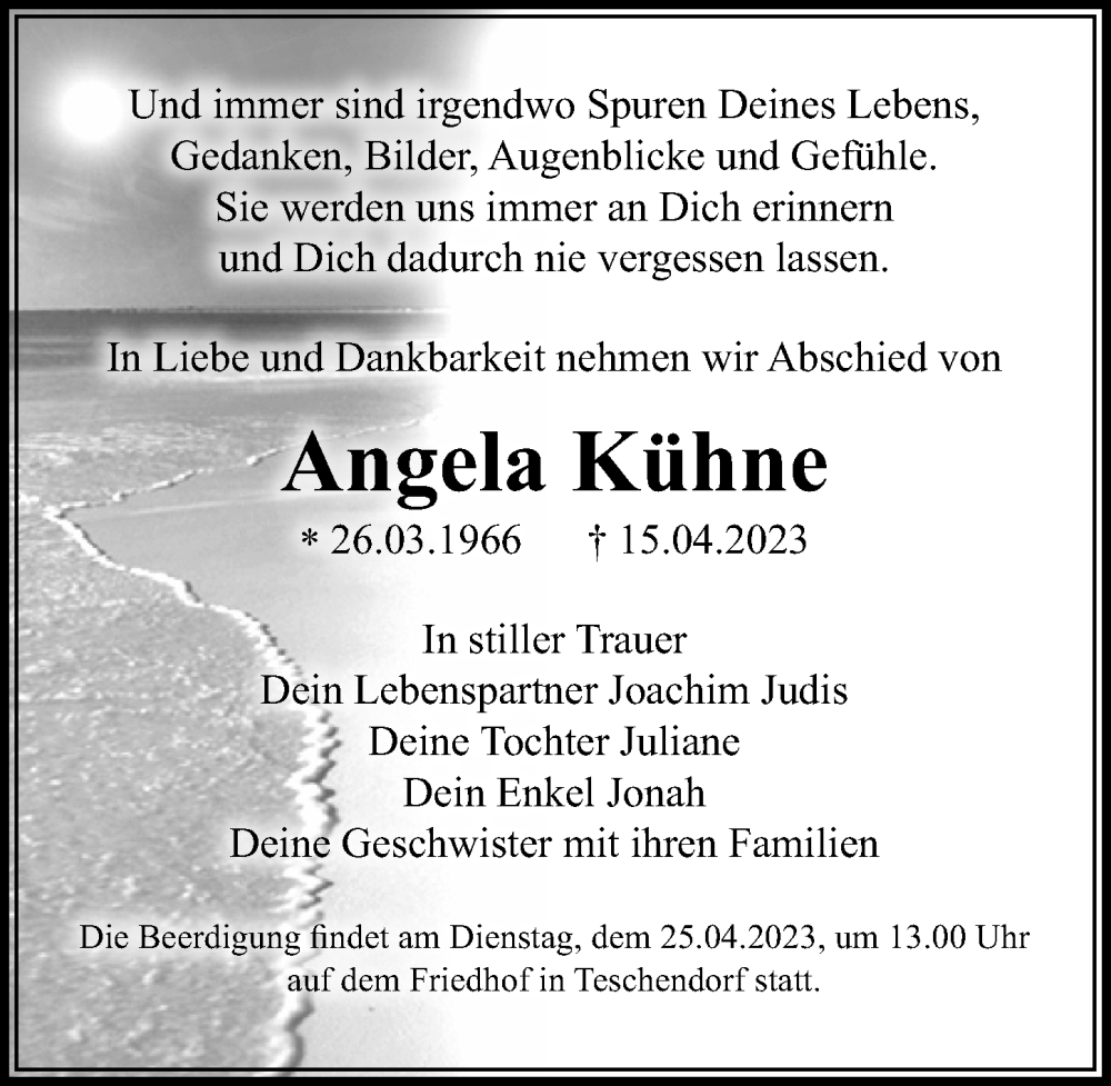  Traueranzeige für Angela Kühne vom 22.04.2023 aus Märkischen Allgemeine Zeitung