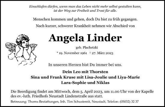 Traueranzeige von Angela Linder von Hannoversche Allgemeine Zeitung/Neue Presse