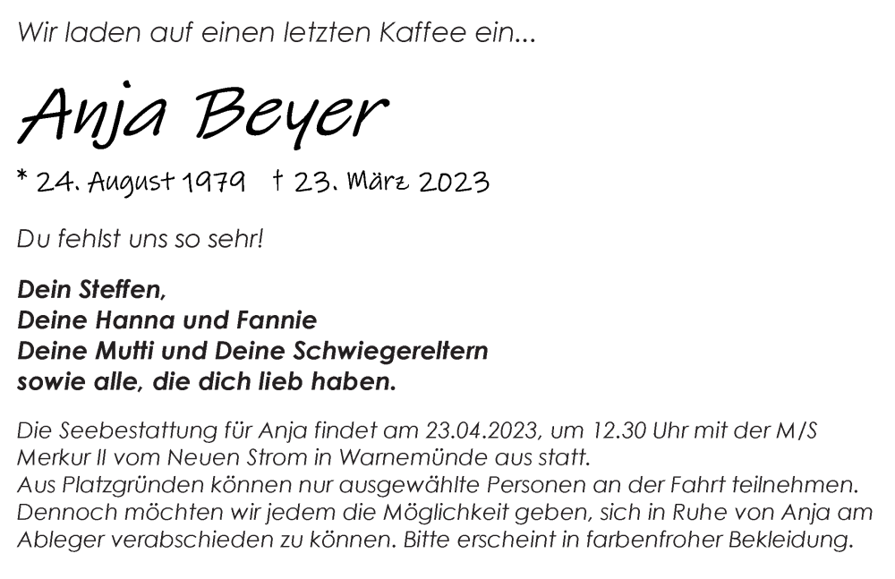  Traueranzeige für Anja Beyer vom 08.04.2023 aus Ostsee-Zeitung GmbH
