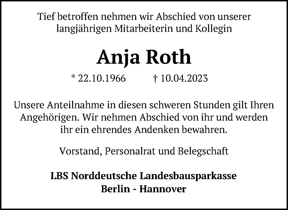  Traueranzeige für Anja Roth vom 22.04.2023 aus Hannoversche Allgemeine Zeitung/Neue Presse
