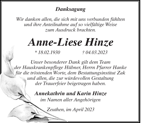 Traueranzeige von Anne-Liese Hinze von Märkischen Allgemeine Zeitung