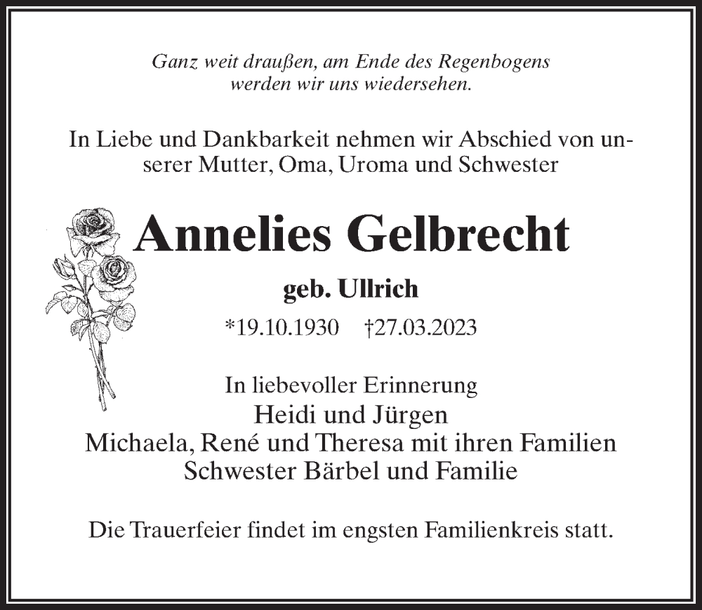  Traueranzeige für Annelies Gelbrecht vom 08.04.2023 aus Märkischen Allgemeine Zeitung