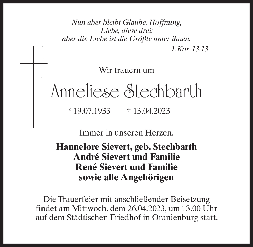  Traueranzeige für Anneliese Stechbarth vom 22.04.2023 aus Märkischen Allgemeine Zeitung