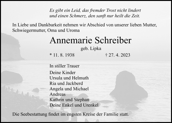 Traueranzeige von Annemarie Schreiber von Ostsee-Zeitung GmbH