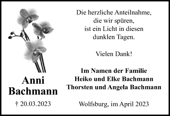 Traueranzeige von Anni Bachmann von Aller Zeitung