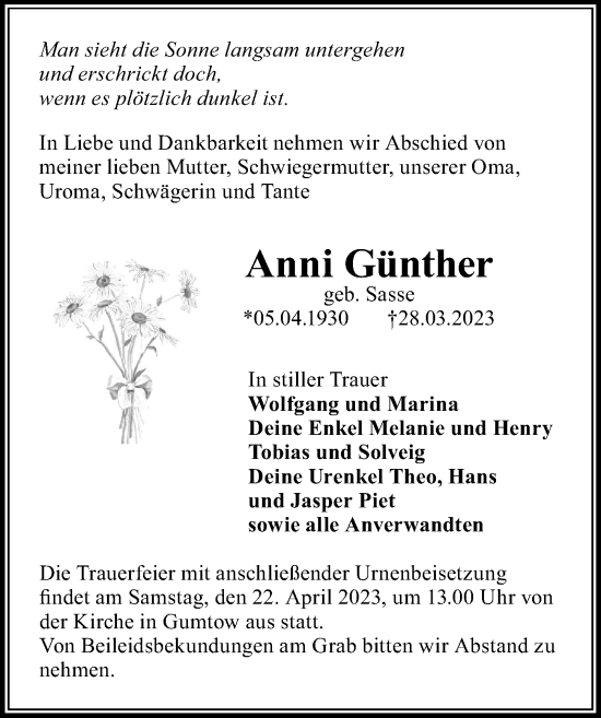 Traueranzeige von Anni Günther von Märkischen Allgemeine Zeitung