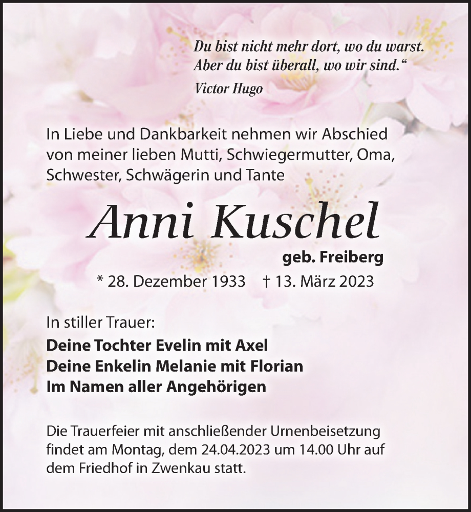  Traueranzeige für Anni Kuschel vom 15.04.2023 aus Leipziger Volkszeitung