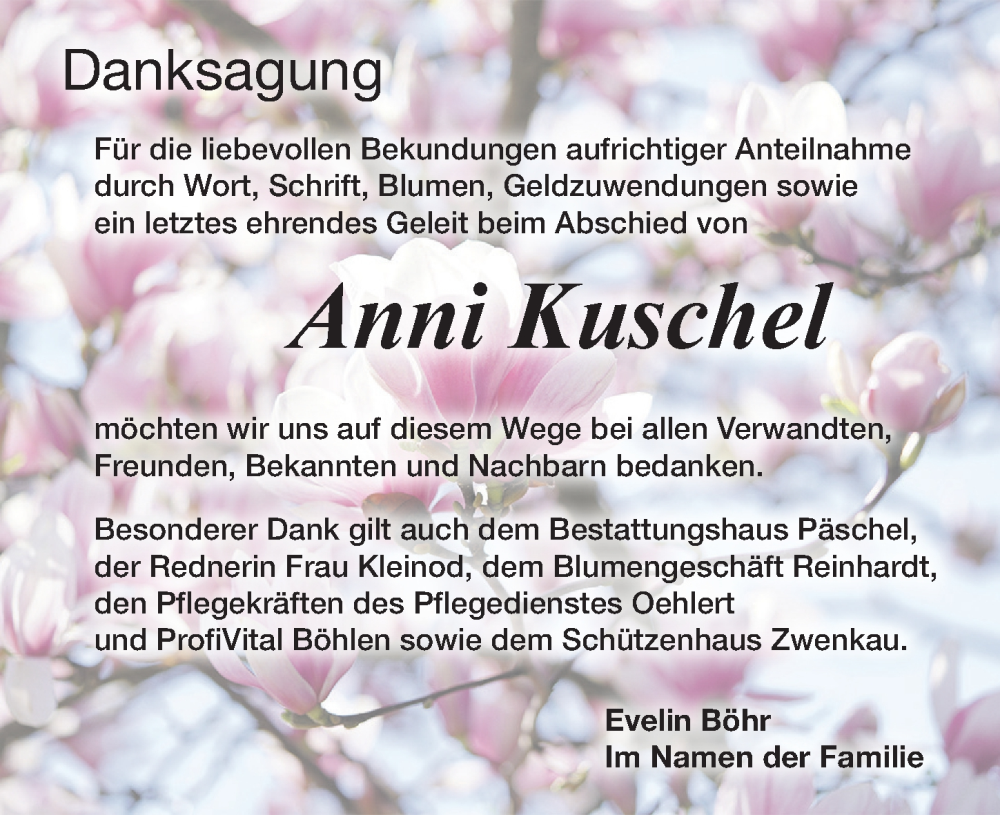  Traueranzeige für Anni Kuschel vom 29.04.2023 aus Leipziger Volkszeitung