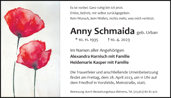 Traueranzeige von Anny Schmaida von Aller Zeitung