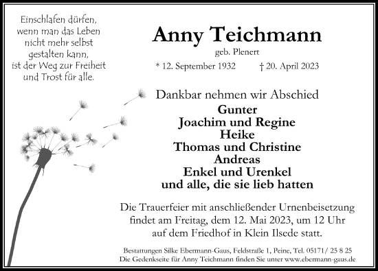 Traueranzeige von Anny Teichmann von Peiner Allgemeine Zeitung